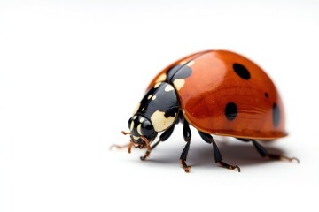 Naklejka premium Close-up of a single ladybug on white background, macro, background, wings