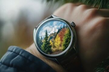 Creative Watch Face Design Displaying Seasonal Changes in a Pine Landscape With Vibrant Colors Throughout the Year Generative AI