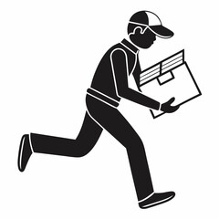 Delivery Man Running Fast Holding Package Express Service Black And White Graphic