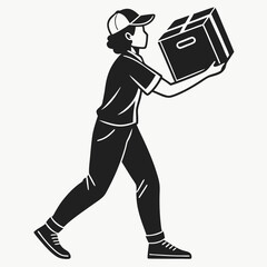 Delivery Girl Holding Package Wearing Baseball Cap Isolated On White Background Silhouette