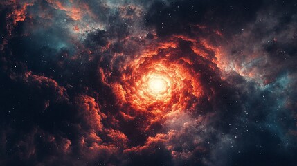 Obraz premium Stunning cosmic spiral of fiery hues, with swirling clouds around a bright, warm core