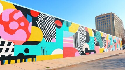 A Memphis aesthetic mural on a city street wall, featuring electric colors and bold abstract patterns --ar 16:9 --v 6.1 Job ID: dba87d1f-8a6a-4d61-91d4-9f9ecf46731e
