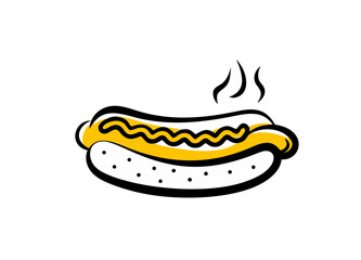 Stylized Hot Dog Illustration with Mustard and Sesame Seed Bun Vector Icon
