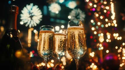 Festive champagne glasses with fireworks in the background. 