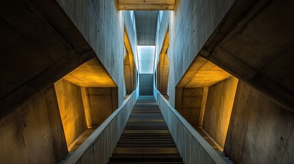 Staircase ascending through a modern concrete building, geometric design, strong lines, architectural style