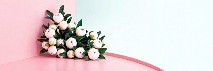 Elegant White Peonies Bouquet on Pink and Mint Background Floral Arrangement