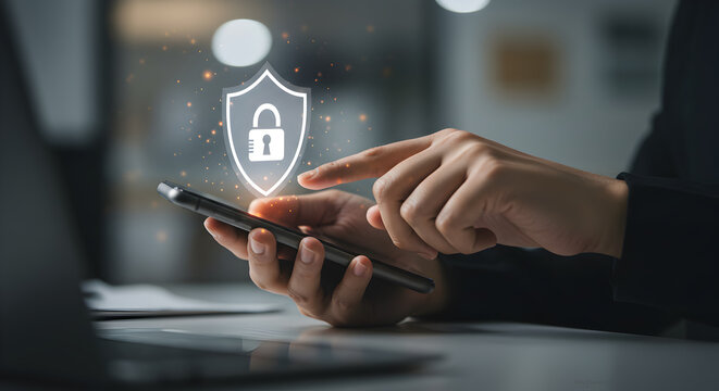 User activating mobile security settings or ensuring data privacy on a smartphone, touching the screen near a glowing shield and padlock security icon.