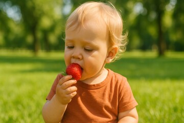 Cute baby eating a strawberry in a park, enjoying healthy snack on a sunny summer day