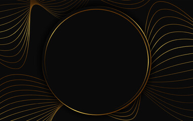 Festive advertising dark vector illustration background with golden wave lines and round banner