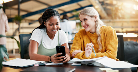 Happy, people and friends with phone in library for social media, research and university feedback. Smile, students and mobile app with education schedule, learning website and studying for knowledge