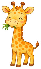 Fototapeta premium A hand-painted giraffe illustration in watercolor style, smiling with green grass in its mouth on transparent background. Perfect for kids themes