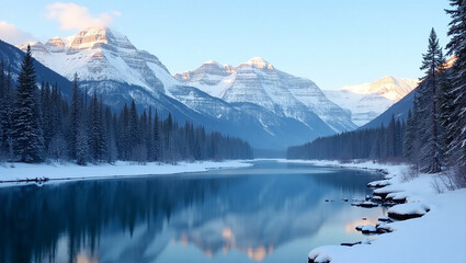 A serene and stunning winter landscape with a partially frozen lake