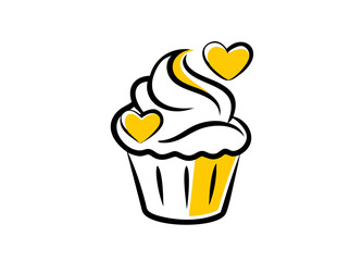 Vector Illustration of a Cupcake with White Frosting, Yellow Hearts, and Black and Yellow Accents