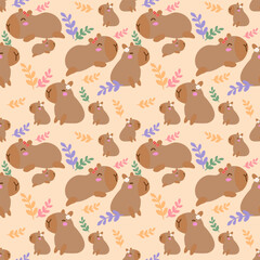 Cute Capybara Seamless Pattern: Adorable Cartoon Rodent Repeat with Flowers and Leaves on a Cream Background for Children's Decor and Textile Design