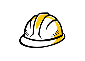Vector Illustration of a White Hard Hat with Yellow Details and Bold Black Outline
