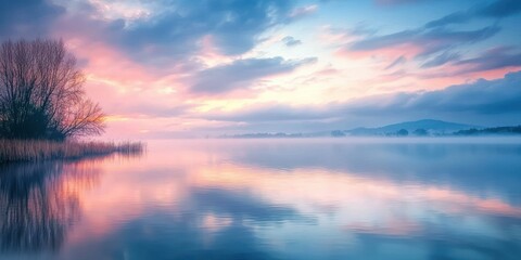 Fototapeta premium A quiet lakeside landscape with soft pastel reflections on the water, exuding peace and calmness