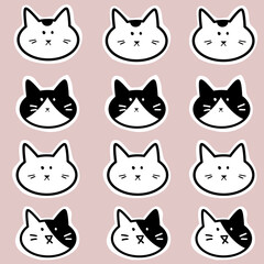 Cute Black and White Cat Face Stickers Pattern on Light Pink Background for Cat Lovers and Decorative Crafts