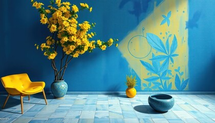 Vibrant Interior Design with Yellow Flowers and Blue Wall