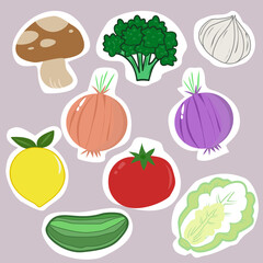 Colorful Vegetable and Mushroom Stickers Including Tomato, Onion, Garlic, Broccoli, Lettuce, Lemon, and Cucumber for Food-Themed Crafts