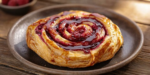 a raspberry Danish swirl, with a flaky, crispy crust and a glossy raspberry glaze, served on a small plate