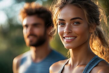 Obraz premium Young couple enjoying a sunny day outdoors with smiles on their faces in a natural setting
