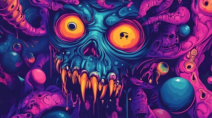 Vibrant digital illustration of an abstract skull with tentacles in bright, surreal colors