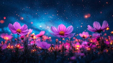 Obraz premium Stunning array of vibrant cosmos flowers under a starry night sky reflecting nature's splendor