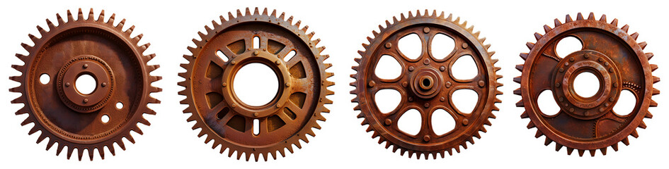 Collection and variation of old rusty metal gears (cogwheels), isolated on white or transparent background, 3d illustration, png. Generative Ai.
