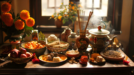Still life of a table with flowers, incense, fruit, and a teapot in front of a window