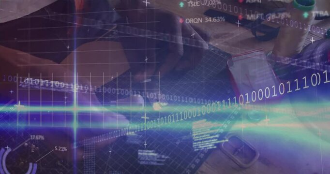 Engineer hands assembling breadboard on desk, tech graphics streaming binary code and stock ticker