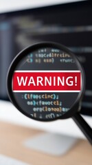 Warning sign magnified over computer code indicating potential issues in programming, software development, and cybersecurity awareness concept