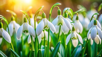 Fototapeta premium Snowdrop Flowers, Galanthus Nivalis, Spring Blooms, White Flowers, Delicate Flowers, Candid Photography, Macro Photography, Wildflowers, Nature Photography, Close-up, Botanical Photography,