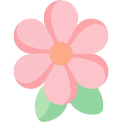 Pink flower cartoon illustration with green leaves  