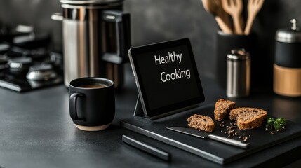 Modern kitchen countertop featuring tablet display with "Healthy Cooking" text, emphasizing contemporary culinary habits for wellness.