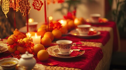 Naklejka premium Festive Chinese New Year table setting with oranges, candles, and teacups.