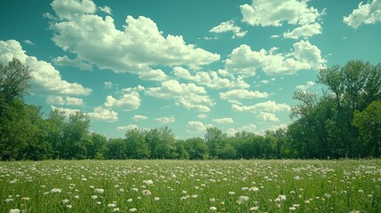 Fototapeta premium Serene Summer Meadow Landscape: A Daytime Pastoral Scene
