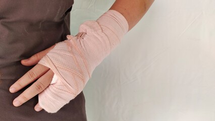 Portrait the accident and painful, bandage and fingers, sore and severe, broken bone of the woman, health care and medical concept.