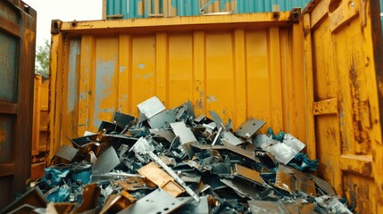 Recycled scrap metal pieces around an industrial yellow recycling container