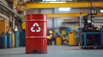 Red flammable waste bin with spark and flame symbols near welding station