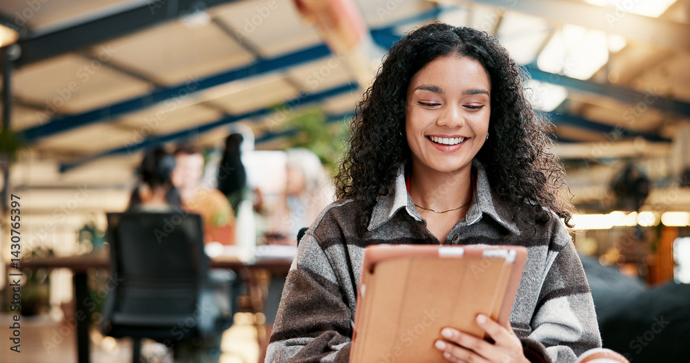 Poster College, smile or woman on tablet in library for online, project or course for assignment information. Knowledge, learning or happy student studying for education, academy research or university test