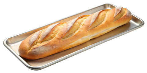 Delicious crispy and golden brown baguette on a metallic tray isolated on black