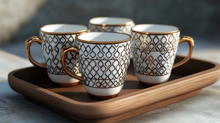 Fototapeta premium Elegant coffee cups on a wooden tray