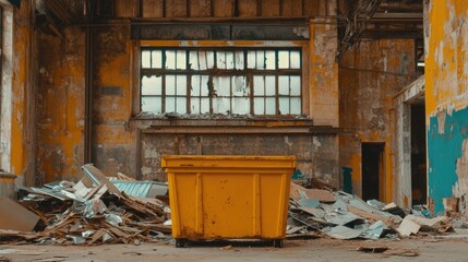 Yellow bin inside a warehouse with scrap aluminum and steel offcuts