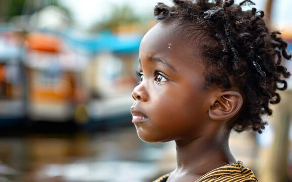 A young boy with brown hair and a blue shirt is looking at the camera. The boy's eyes are wide open, and he is staring intently at the camera. The scene is set near a body of water