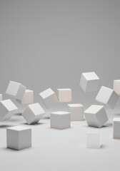 Abstract Minimalist Composition of White Cubes Floating on a Grey Background: A Study in Form and Space