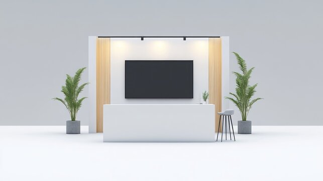 Modern minimalist exhibition booth design with a reception desk and a TV