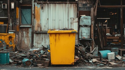 Naklejka premium Yellow bin in workshop corner with scrap metal and empty oil cans