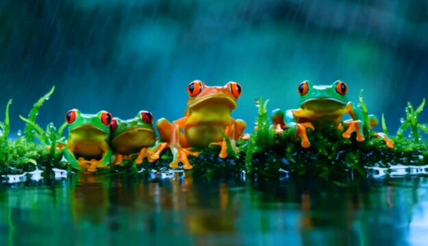 Several brightly colored frogs gathered around a shallow puddle in the middle of a rainforest