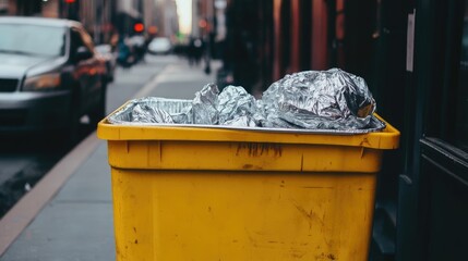 Yellow bin on sidewalk with plastic bags and aluminum foil trays inside
