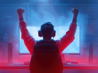Gamer celebrating victory with raised arms in front of computer screen illuminated by colorful lights, showcasing excitement and passion for gaming, gaming success concept